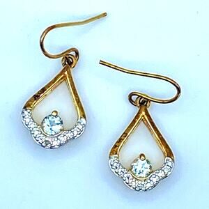 Signed PAJ BB CHINA" 10k Gold Plated Blue Topaz Teardrop CZ Dangle Earrings